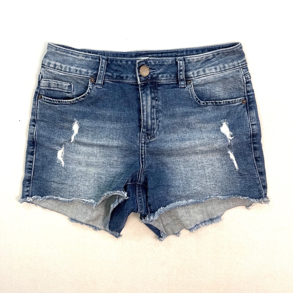 O'Neill Womens Blue Distressed Raw Hem Denim Shorts Size 28 Mid Rise Cut Offs